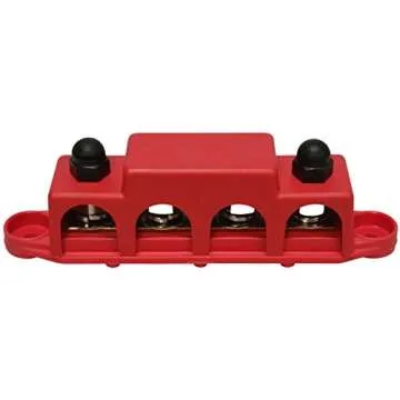 (Red) 3/8" 4 Stud Bus BAR Power Distribution Block - Made in The USA - for Marine Battery Terminals, 12v Power and Ground Distribution Blocks - Terminal Block for Battery Terminals - BusBar