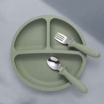 Eascrozn Baby Feeding Set, 2 Pack Silicone Divided Suction Plates for Baby, 2 Pack Spoons and Forks ...