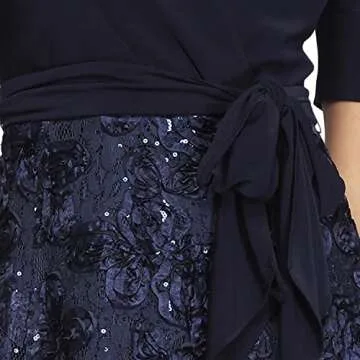 Alex Evenings Women's Plus Size Tea Length Dress with Rosette Detail, Navy Tie Front, 16W