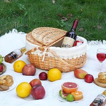 Wicker Picnic Basket with Removable Liner, Empty Picnic Baskets with Lid, Vintage-Style Picnic Hampe...