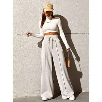SOLY HUX Women's High Waisted Drawstring Wide Leg Long Sweatpants Casual Loose Pants with Pockets Light Grey L