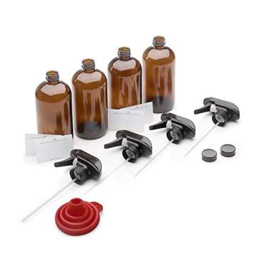 4 pack of 16oz Empty Amber Dark Brown Glass Spray Bottles w/Labels, Caps, and Funnel - Mist & Stream Trigger Sprayer - BPA Free - Boston Round Heavy Duty Bottle - For Essential Oils, Cleaning, Kitchen, Hair