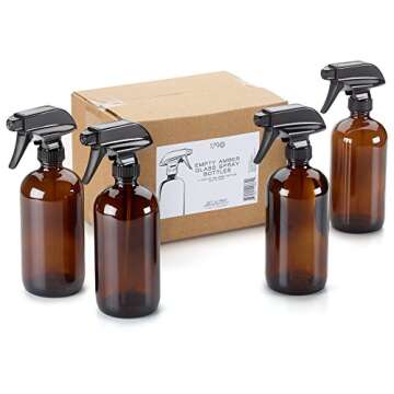 4 pack of 16oz Empty Amber Dark Brown Glass Spray Bottles w/Labels, Caps, and Funnel - Mist & Stream Trigger Sprayer - BPA Free - Boston Round Heavy Duty Bottle - For Essential Oils, Cleaning, Kitchen, Hair