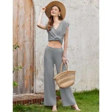 Ekouaer Lounge Sets for Women 2 Piece Outfits Knit Sweater Vest Lounge Pants Casual Matching Loungewear Set Light Grey M