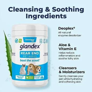 Vetnique Labs Glandex Dog Wipes for Pets Cleansing & Deodorizing Anal Gland Hygienic Dog & Cat Wipes with Vitamin E, Skin Conditioners and Aloe (75ct)