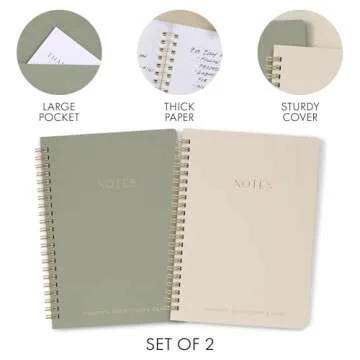 Aesthetic Spiral Notebook Set of 2 For Women and Men - Cute College Ruled 8x6 Bible Study Journal/Notebook with Pockets And Lined Pages - Perfect A5 Supplies to Stay Organized at Work or School