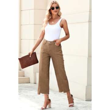 Sidefeel Womens Capri Jeans Wide Leg Jeans Woman High Waisted Straight Leg Summer Cropped Denim Pants Size 4 Brown