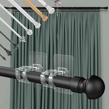 4 Pieces Self Adhesive Curtain Rod Bracket, Universal Plastic Curtain Rod Holders, No Drill Curtain Rod Brackets Curtain Rod Hooks for Bathroom, Bedroom, Livingroom, Kitchen (Transparent)