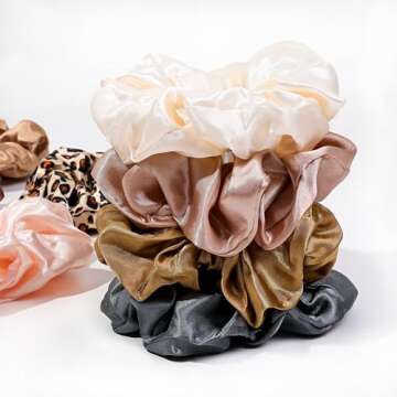 16 Scrunchies for Women - Satin Hair Ties and Bands, Big Ponytail Holders for Thick, Curly Hair, Cute No-Crease Pony Tails, No Damage