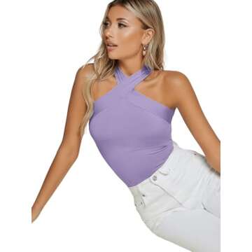Floerns Women's Solid Criss Cross Halter Sleeveless Tee Shirt Top Lilac Purple S