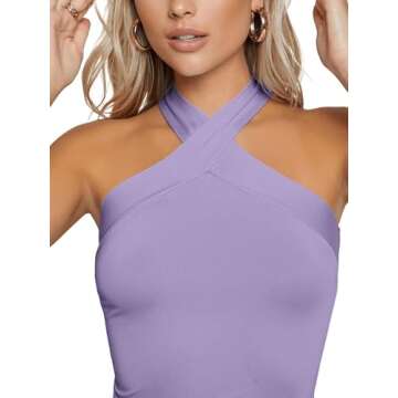 Floerns Women's Solid Criss Cross Halter Sleeveless Tee Shirt Top Lilac Purple S