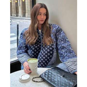 Wyeysyt Women's Cropped Puffer Quilted Jacket Cardigan Floral Printed Lightweight Long Sleeve Open Front Short Padded Coats(Black-M)