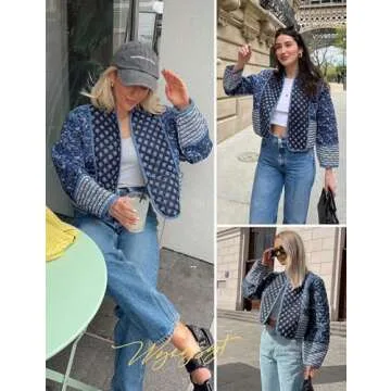 Wyeysyt Women's Cropped Puffer Quilted Jacket Cardigan Floral Printed Lightweight Long Sleeve Open Front Short Padded Coats(Black-M)