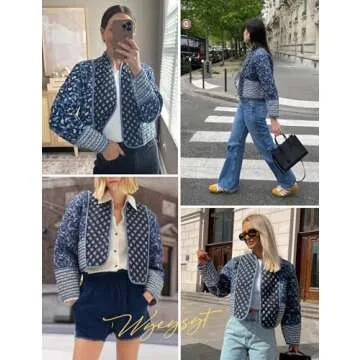 Wyeysyt Women's Cropped Puffer Quilted Jacket Cardigan Floral Printed Lightweight Long Sleeve Open Front Short Padded Coats(Black-M)