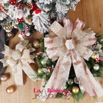 LaRibbons Christmas Ribbon Wired 2.5 Inches Wide 6 Rolls 36 Yards Pink and Gold Glitter Snowflake Je...