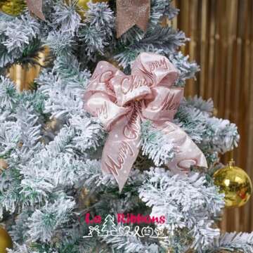 LaRibbons Christmas Ribbon Wired 2.5 Inches Wide 6 Rolls 36 Yards Pink and Gold Glitter Snowflake Jewel Omaments Ribbon Set for Christmas Tree, Gift Wrapping, Wreath Bow, Home Decor