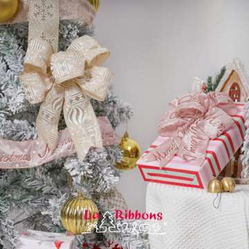 LaRibbons Christmas Ribbon Wired 2.5 Inches Wide 6 Rolls 36 Yards Pink and Gold Glitter Snowflake Jewel Omaments Ribbon Set for Christmas Tree, Gift Wrapping, Wreath Bow, Home Decor