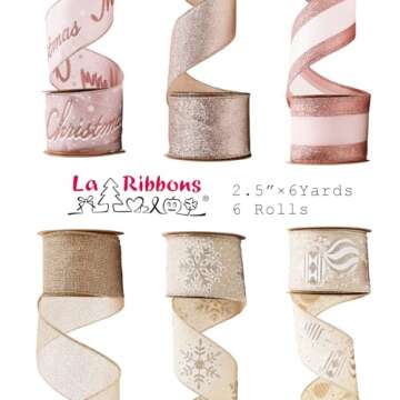LaRibbons Christmas Ribbon Wired 2.5 Inches Wide 6 Rolls 36 Yards Pink and Gold Glitter Snowflake Jewel Omaments Ribbon Set for Christmas Tree, Gift Wrapping, Wreath Bow, Home Decor
