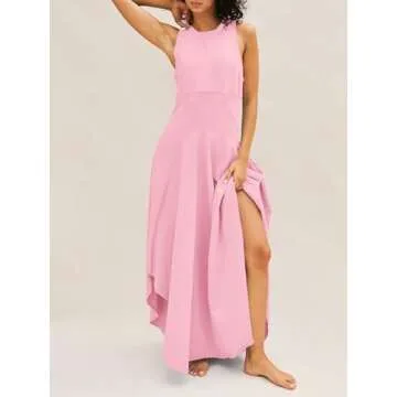 Fisoew Womens Summer Sleeveless Maxi Dress Asymmetrical Hem Crew Neck High Waist A Line Flowy Casual Long Beach Dress Pink