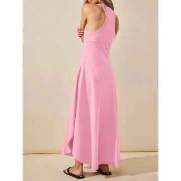 Fisoew Womens Summer Sleeveless Maxi Dress Asymmetrical Hem Crew Neck High Waist A Line Flowy Casual Long Beach Dress Pink