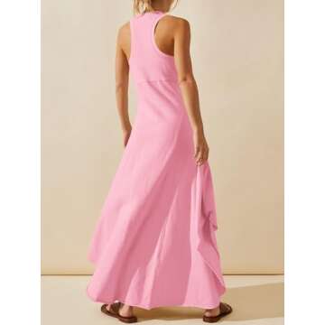 Fisoew Womens Summer Sleeveless Maxi Dress Asymmetrical Hem Crew Neck High Waist A Line Flowy Casual Long Beach Dress Pink