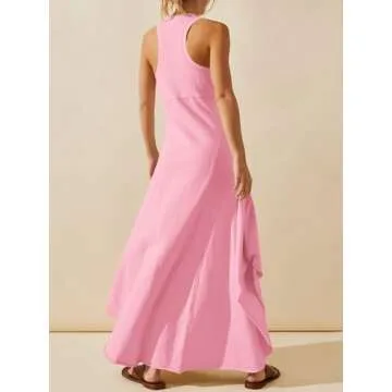 Fisoew Womens Summer Sleeveless Maxi Dress Asymmetrical Hem Crew Neck High Waist A Line Flowy Casual Long Beach Dress Pink
