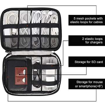 Rinvanic Cable Organizer Bag,Travel Electronic Organizers Case Waterproof Tech Organizer Bag Portable Cord Storage Pouch for Cable, Charger, Phone, USB, SD Card,with 6pcs Leather Cable Ties (Grey)