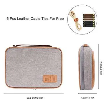 Rinvanic Cable Organizer Bag,Travel Electronic Organizers Case Waterproof Tech Organizer Bag Portable Cord Storage Pouch for Cable, Charger, Phone, USB, SD Card,with 6pcs Leather Cable Ties (Grey)