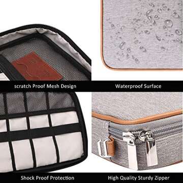 Rinvanic Cable Organizer Bag,Travel Electronic Organizers Case Waterproof Tech Organizer Bag Portable Cord Storage Pouch for Cable, Charger, Phone, USB, SD Card,with 6pcs Leather Cable Ties (Grey)