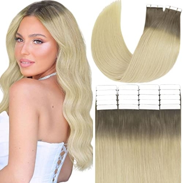 Anrosa Tape in Hair Extensions Human Hair 14 inch PU Ash Brown to Blonde Fashion Color Remy Human Ha...