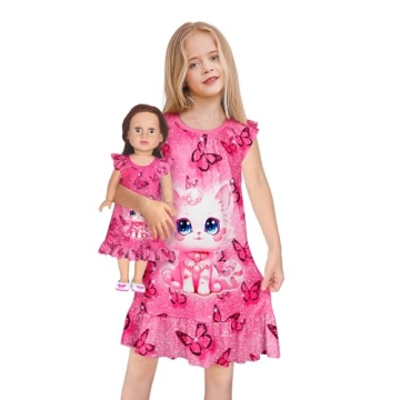 LQSZ Girls Nightgowns & Matching Doll Pajamas - Cute Pink Cat Set