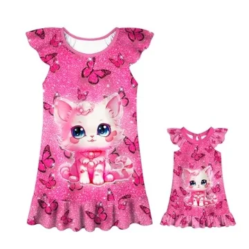 Girls Nightgowns & Doll Pajamas Pink Cat Design