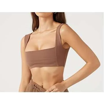 SAFRISIOR Women's Square Neck Sleeveless Sports Bra Crop Top Sexy Backless Skinny Solid Workout Yoga Cropped Tank Cami Tops Brown