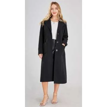 chouyatou Women's Big Notch Lapel Single Breasted Mid-Long Wool Blend Coat (X-Large, Black)