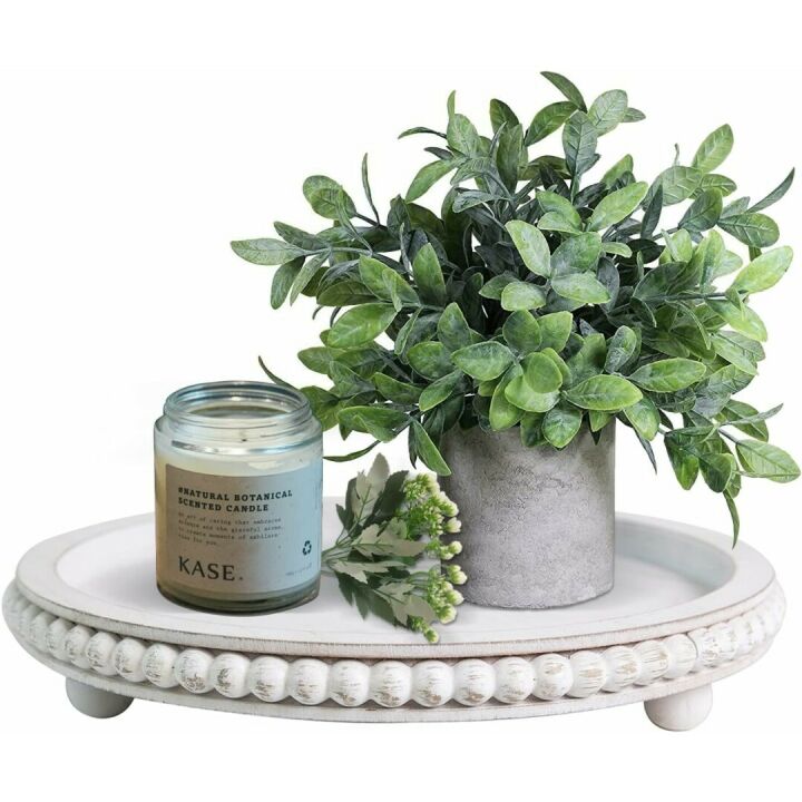 HPC Decor 12" Round White Wood Beaded Tray