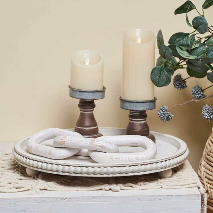 HPC Decor 12" Round White Wood Beaded Tray