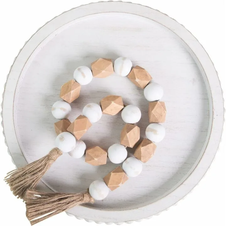 HPC Decor 12" Round White Wood Beaded Tray