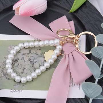 Sdopbinbin Pink Pearl Chain Bow Keychain for Women Purse Wristlet Keychains for Handbag Wallet Bow P...