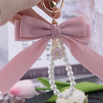 Sdopbinbin Pink Pearl Chain Bow Keychain for Women Purse Wristlet Keychains for Handbag Wallet Bow Pearl Charm for Car Key Chain for Women Pearl Wristlet Keychains for Bag Keychain for Tote Bags