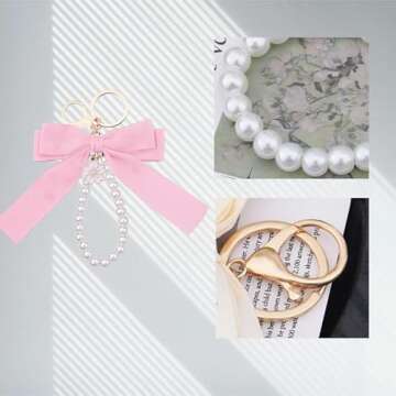 Sdopbinbin Pink Pearl Chain Bow Keychain for Women Purse Wristlet Keychains for Handbag Wallet Bow Pearl Charm for Car Key Chain for Women Pearl Wristlet Keychains for Bag Keychain for Tote Bags