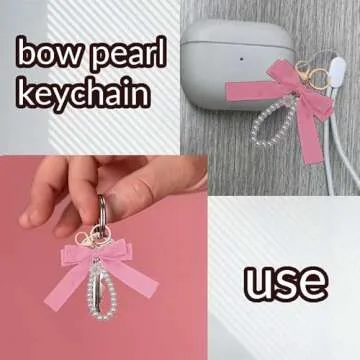 Sdopbinbin Pink Pearl Chain Bow Keychain for Women Purse Wristlet Keychains for Handbag Wallet Bow Pearl Charm for Car Key Chain for Women Pearl Wristlet Keychains for Bag Keychain for Tote Bags
