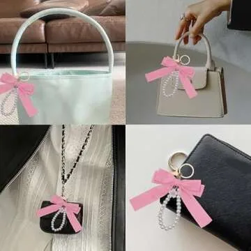 Sdopbinbin Pink Pearl Chain Bow Keychain for Women Purse Wristlet Keychains for Handbag Wallet Bow Pearl Charm for Car Key Chain for Women Pearl Wristlet Keychains for Bag Keychain for Tote Bags