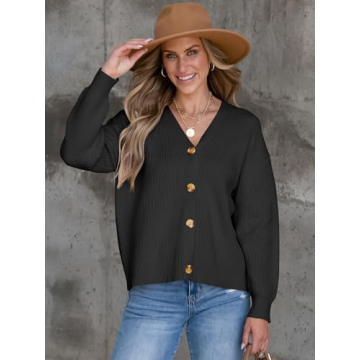 ANRABESS Women Cardigan Sweaters 2024 Fall Oversized Button Open Front Knit Lightweight Cardigans Fall Outfits Outerwear Black Small