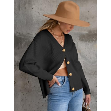 ANRABESS Women Cardigan Sweaters 2024 Fall Oversized Button Open Front Knit Lightweight Cardigans Fall Outfits Outerwear Black Small
