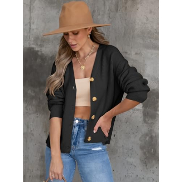 ANRABESS Women Cardigan Sweaters 2024 Fall Oversized Button Open Front Knit Lightweight Cardigans Fall Outfits Outerwear Black Small