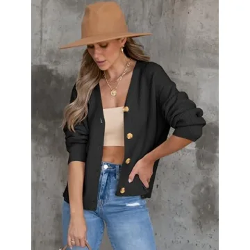 ANRABESS Women Cardigan Sweaters 2024 Fall Oversized Button Open Front Knit Lightweight Cardigans Fall Outfits Outerwear Black Small