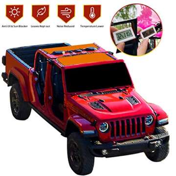 Shadeidea JT Sun Shade Top Sunshade Compatible with Jeep Gladiator Top Shade Mesh Screen Roof Cover (2018-2023)- Wind Noise UV Blocker with GrabBag Pouch -10 Year Warranty- Orange -Front+Rear (2 Pcs)