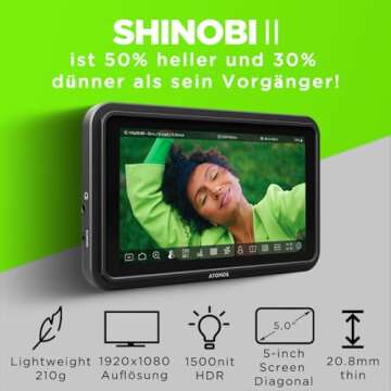 Atomos Shinobi II HDMI 4K Monitor with HDR Touchscreen, All Day Battery Life, and Lightweight Design...
