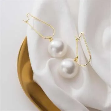 QLUYCKW Big Pearl Earrings Lightweight Exaggerate Round Teardrop Long Pearl Earrings for Women Pearls Gold Silver Dangle Drop Bridal Earrings (Gold)