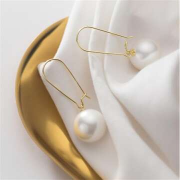 QLUYCKW Big Pearl Earrings Lightweight Exaggerate Round Teardrop Long Pearl Earrings for Women Pearls Gold Silver Dangle Drop Bridal Earrings (Gold)